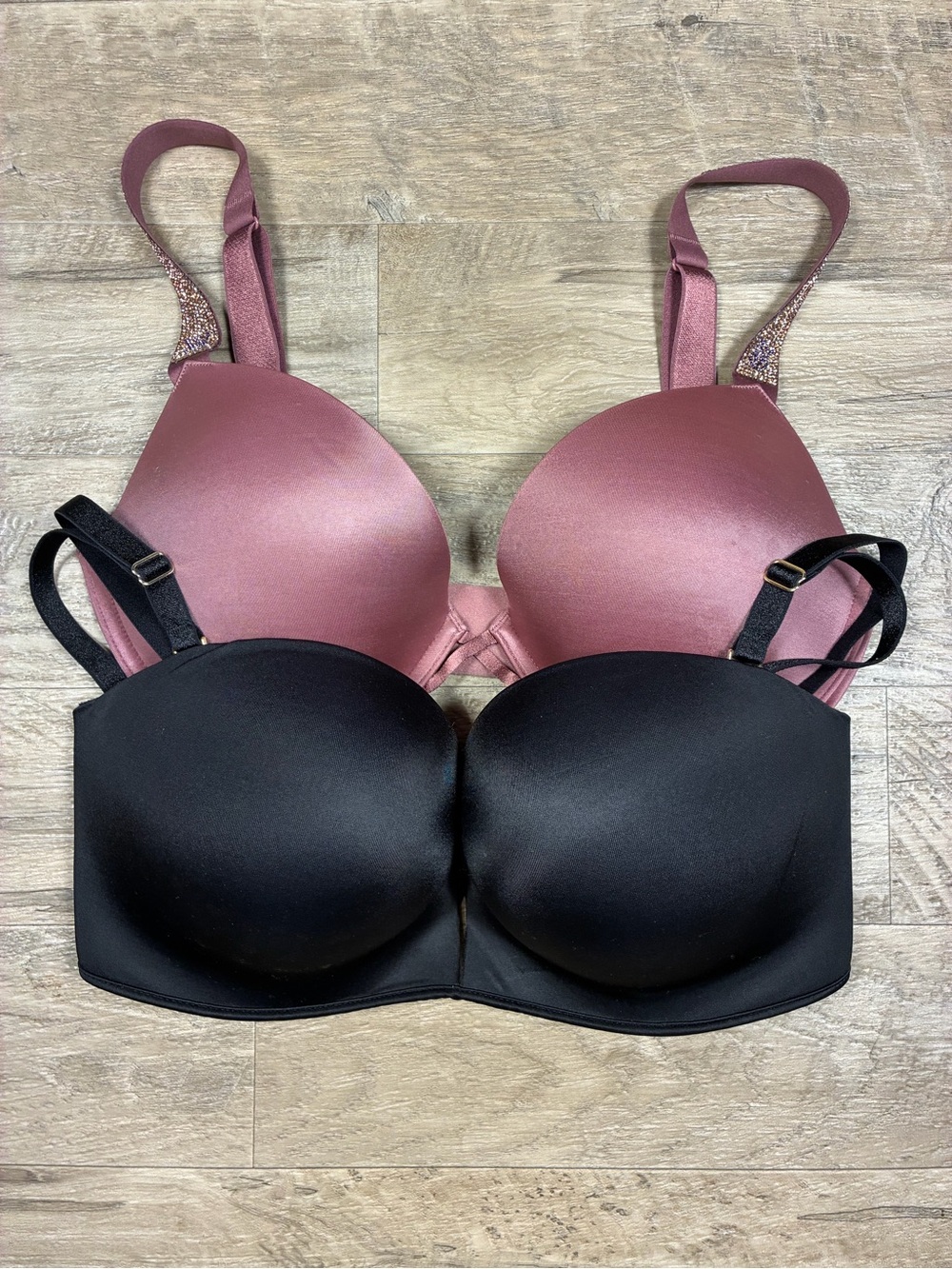 Victoria Secret 2 Push Up Satin Bras Bombshell Multi Way Shine Rhinestone Strap